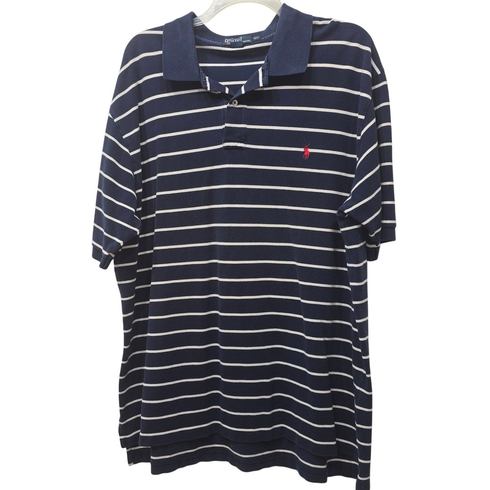 Polo Ralph Lauren Mens 3XLT Tall Navy Blue White Striped Pique Polo Shirt